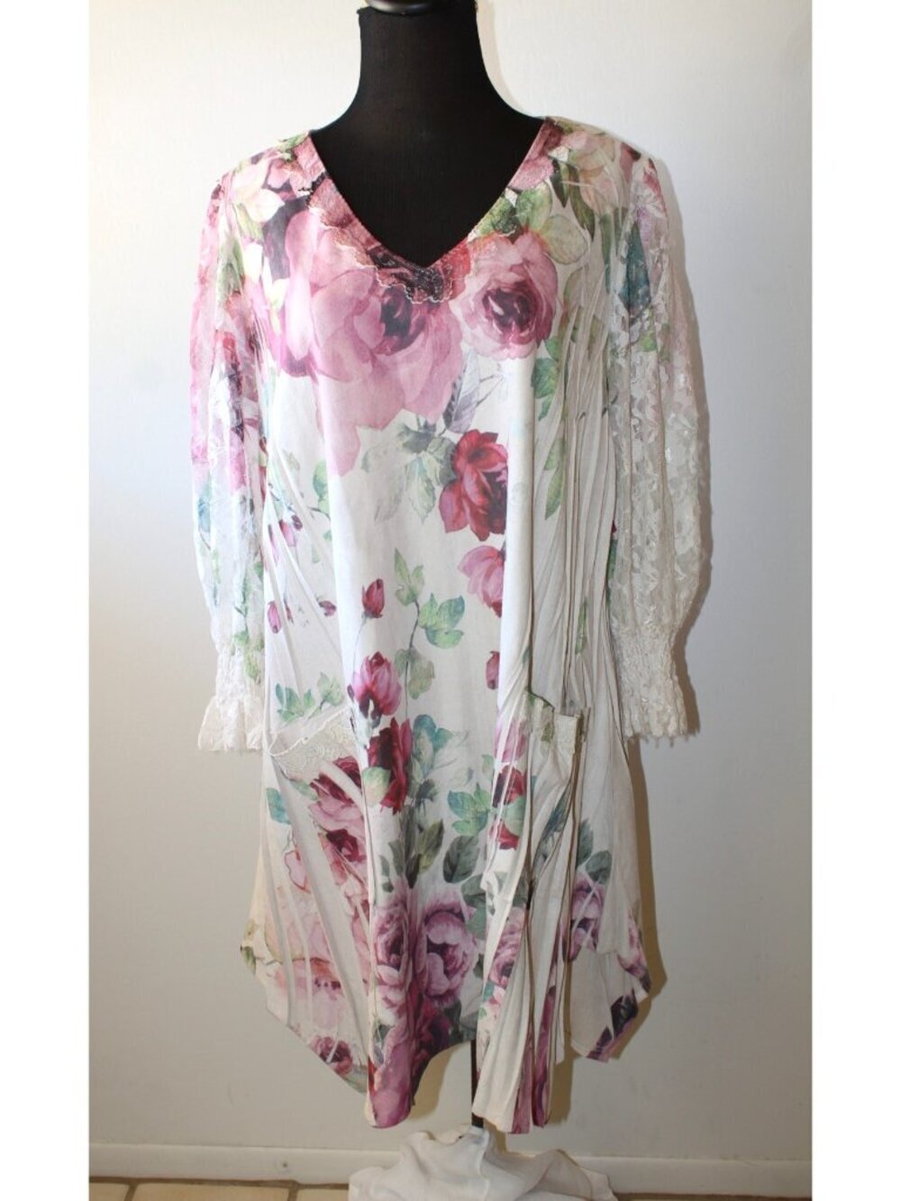 Angel Heart Floral Faux Suede Dress Plus Size Lace sleeves & Pocket Fairy Boho